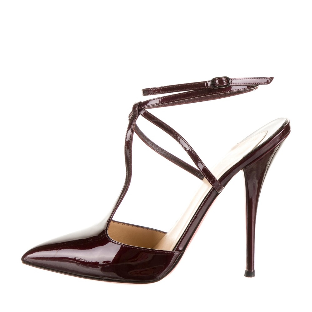 Christian Louboutin, patent burgundy leather T strap pumps, size 8